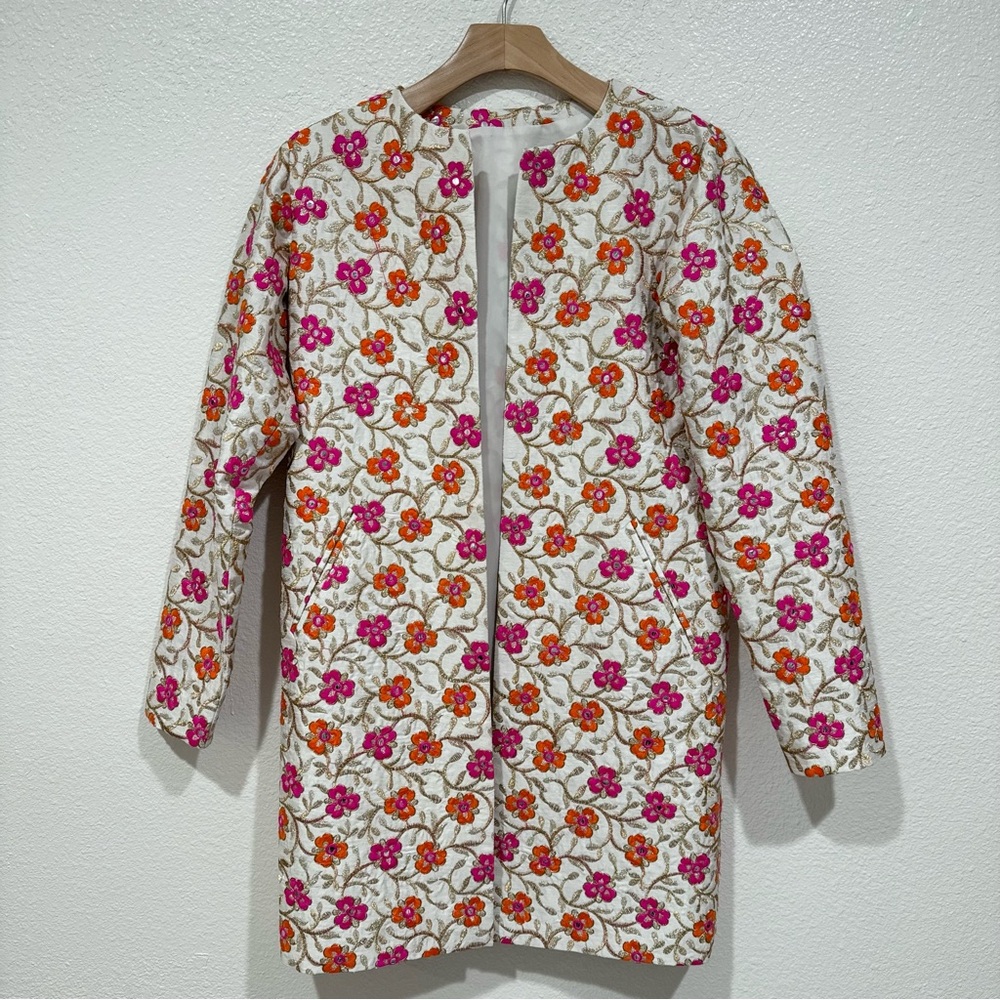 indian white & pink kurta asian oriental floral long sleeve jacket coat top